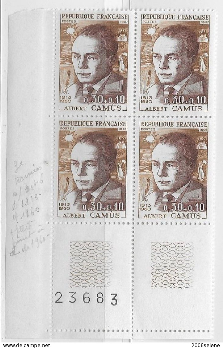 1967 Bloc De 4 Coin Numéroté Camus Neuf ** N°1514 - 1960-1969