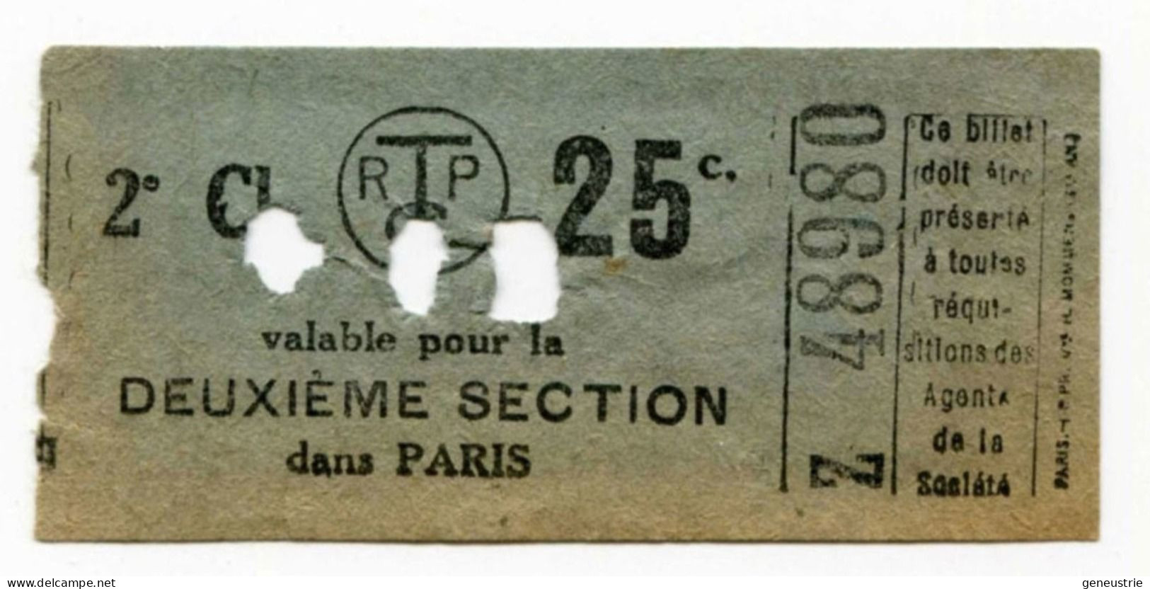 Ticket De Tramways Parisiens 1922-1924 (STCRP) 2e Classe 25c + 15c - Paris" Chemin De Fer - Tramway - Tram - Europa