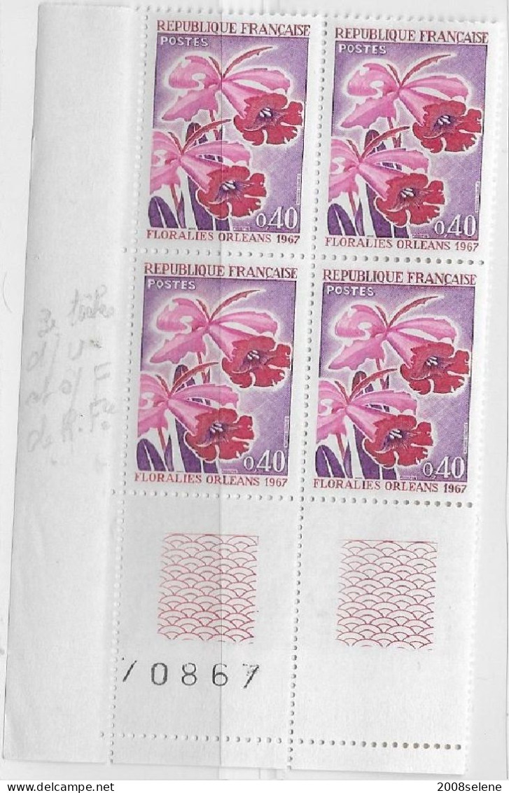 1967 Bloc De 4 Coin Numéroté Orchidées Neuf ** N°1528 - 1960-1969