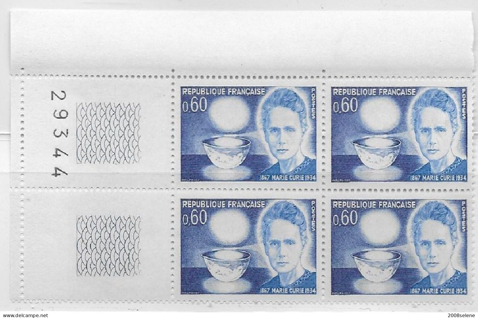 1967 Bloc De 4 Coin Numéroté Marie Curie Neuf ** N°1533 - 1960-1969