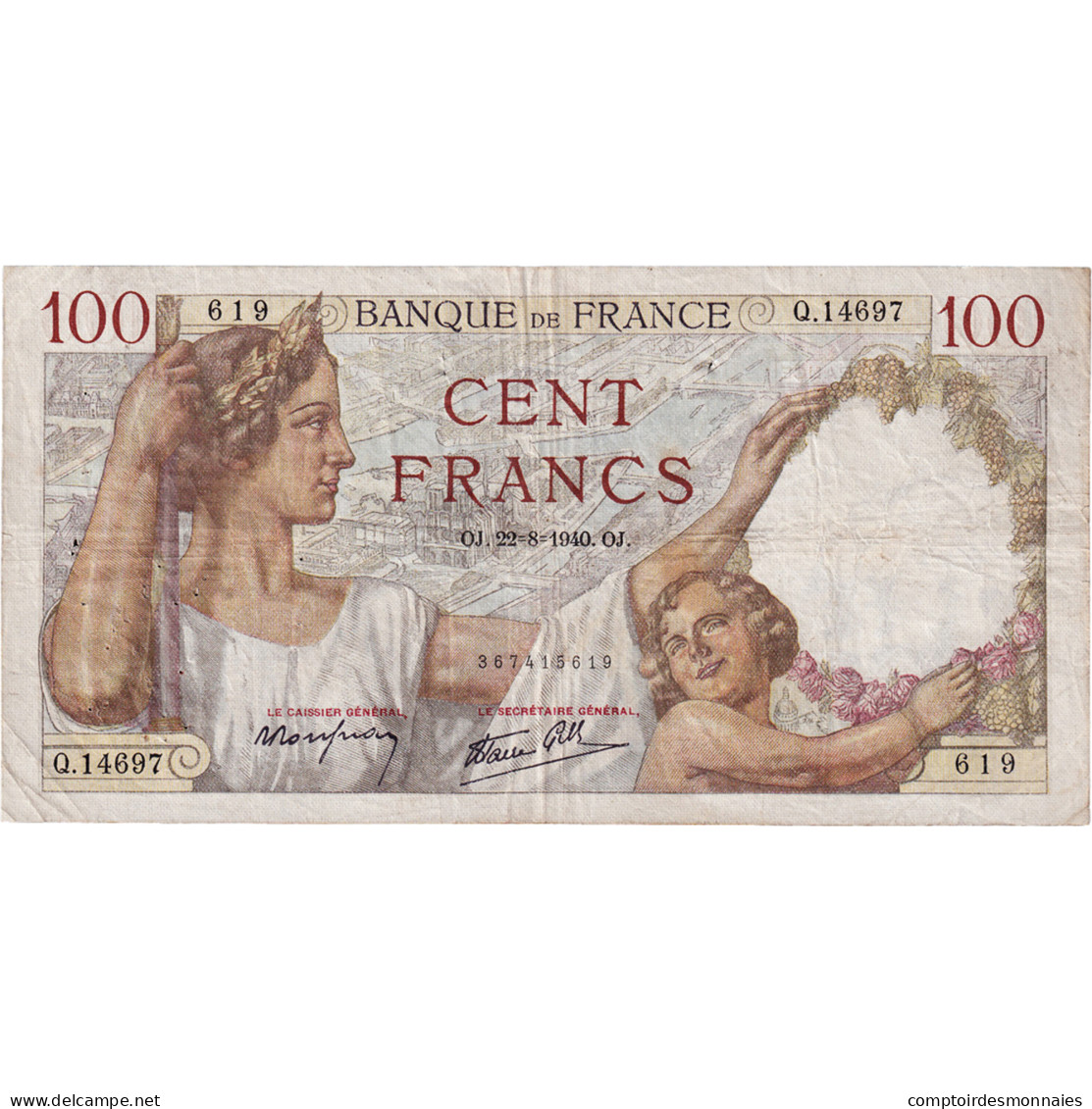 France, 100 Francs, Sully, 1940, Q.14697, TB+, Fayette:26.37, KM:94 - 100 F 1939-1942 ''Sully''