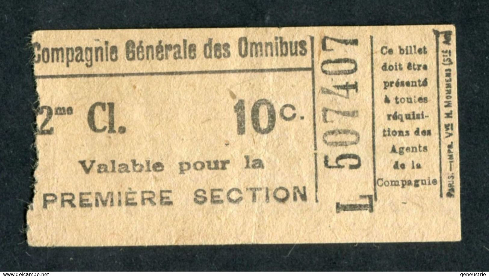 Ticket De Tramways Parisiens (avant 1921) Compagnie Générale Des Omnibus (CGO) 2e Classe 10c - Paris" Tramway - Tram - Europe