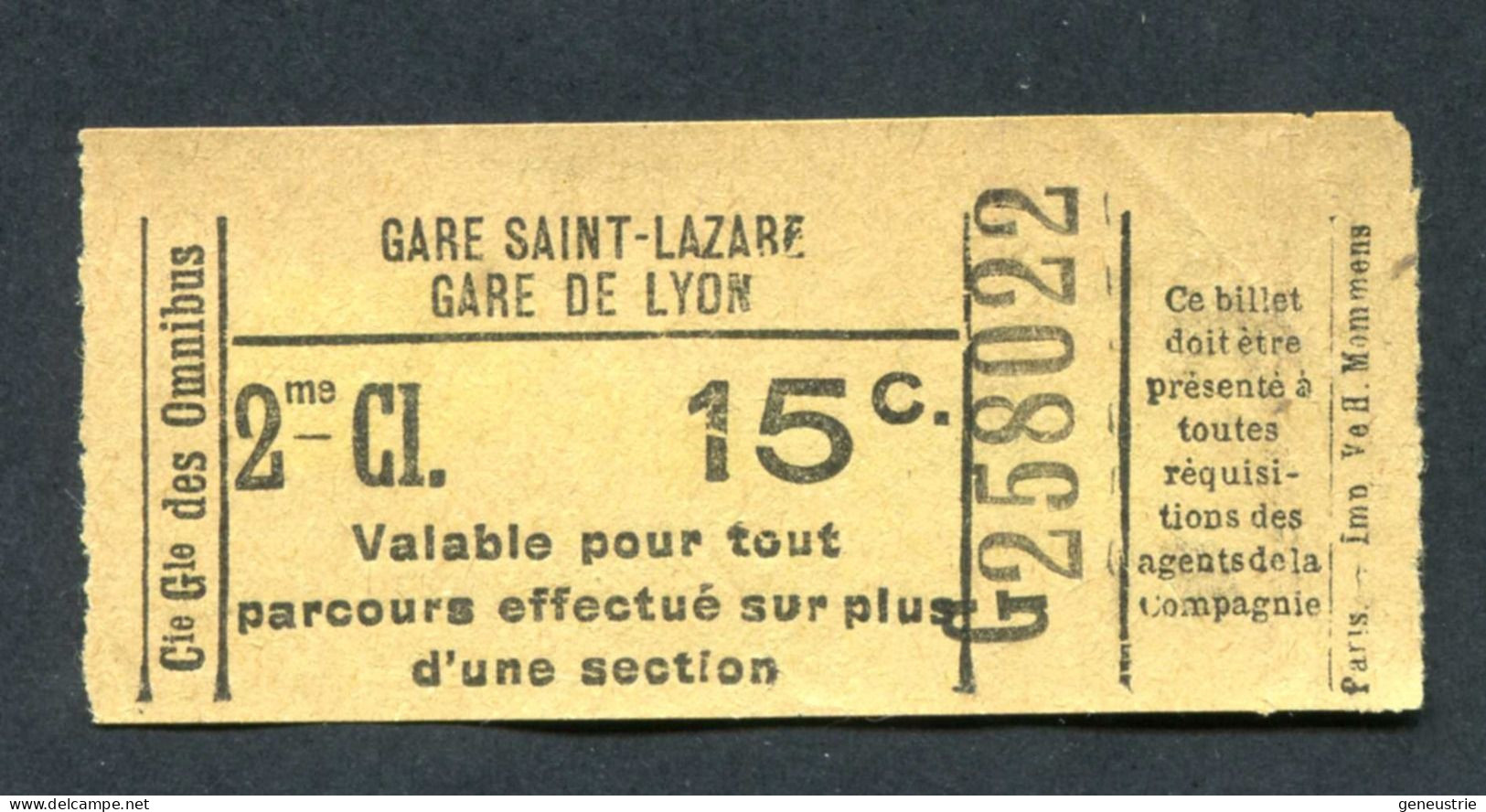 Ticket De Tramways Parisiens (av 1921) Compagnie Générale Des Omnibus (CGO) - 2e Cl / 15c Paris" Tramway - Europe