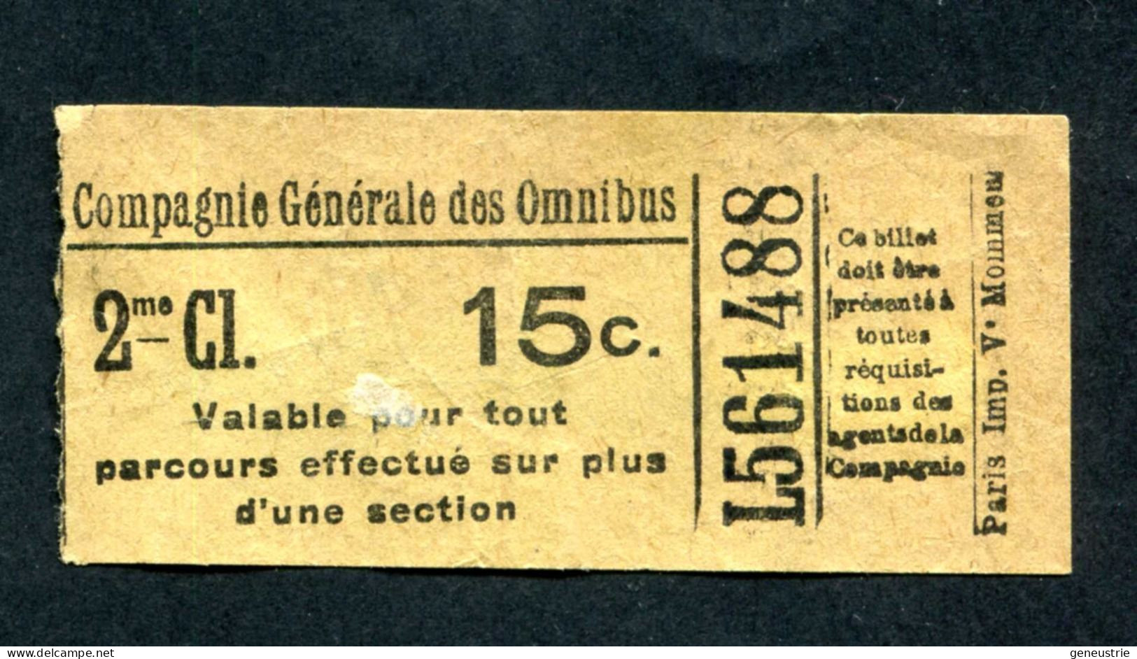 Ticket De Tramway Parisien (av 1921) Paris / Compagnie Générale Des Omnibus - 2e Cl / 15c - Europa