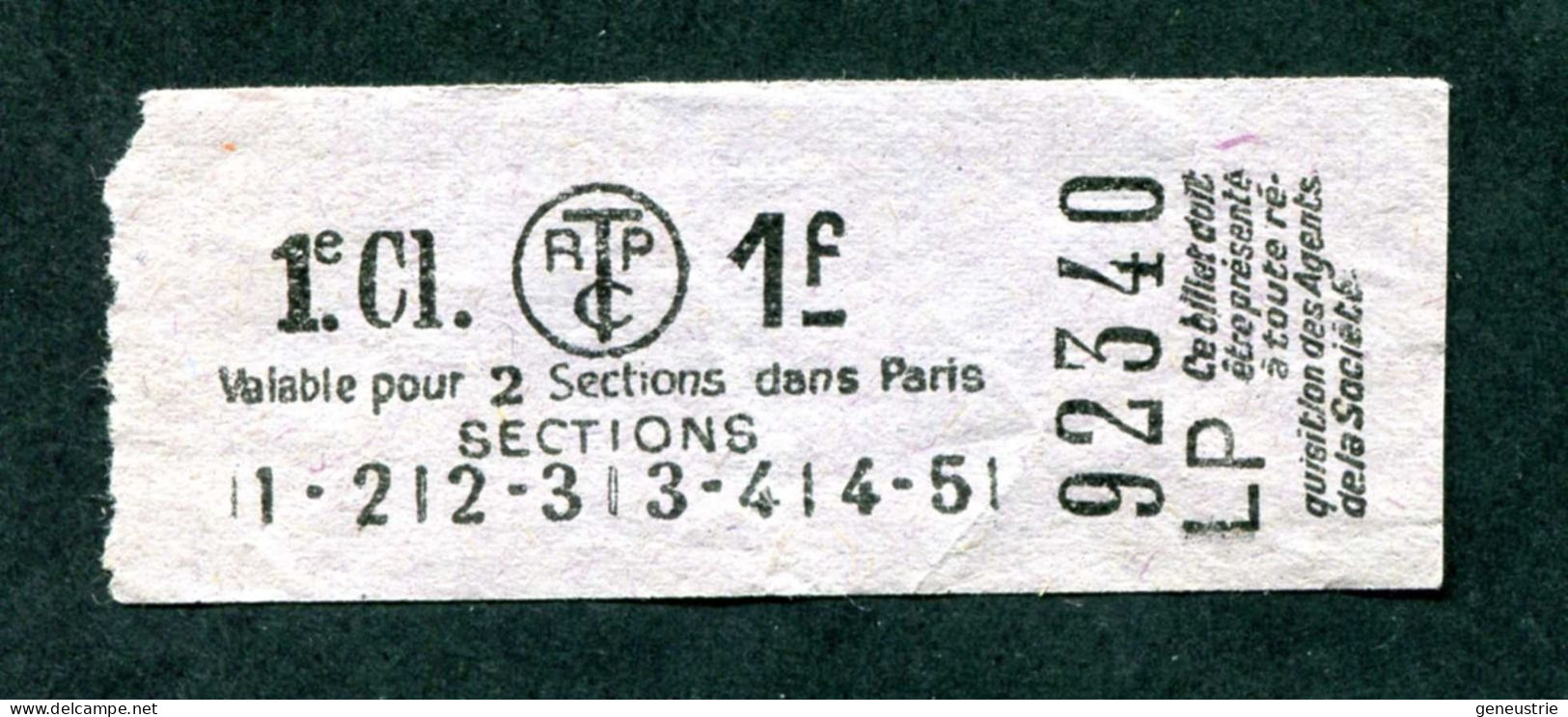 Ticket De Tramways Parisiens 1921 à 1938 (STCRP) 1e Classe 1f - Paris" Tramway - Tram - Europe