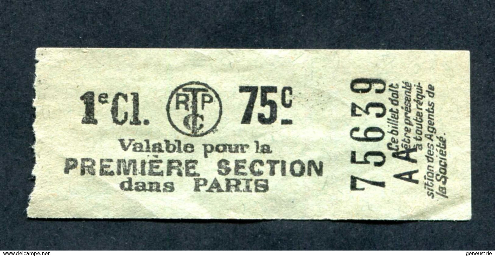 Ticket De Tramways Parisiens 1921 à 1938 (STCRP) 1e Classe 75c - Paris" Tramway - Tram - Europa