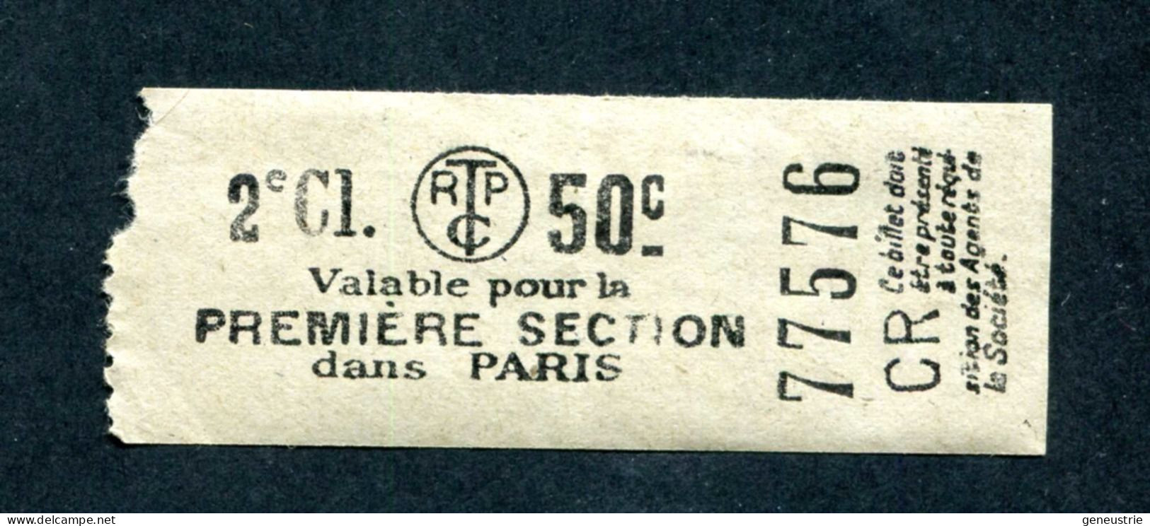 Ticket De Tramways Parisiens 1921 à 1938 (STCRP) 2e Classe 50c - Paris" Tramway - Tram - Europe