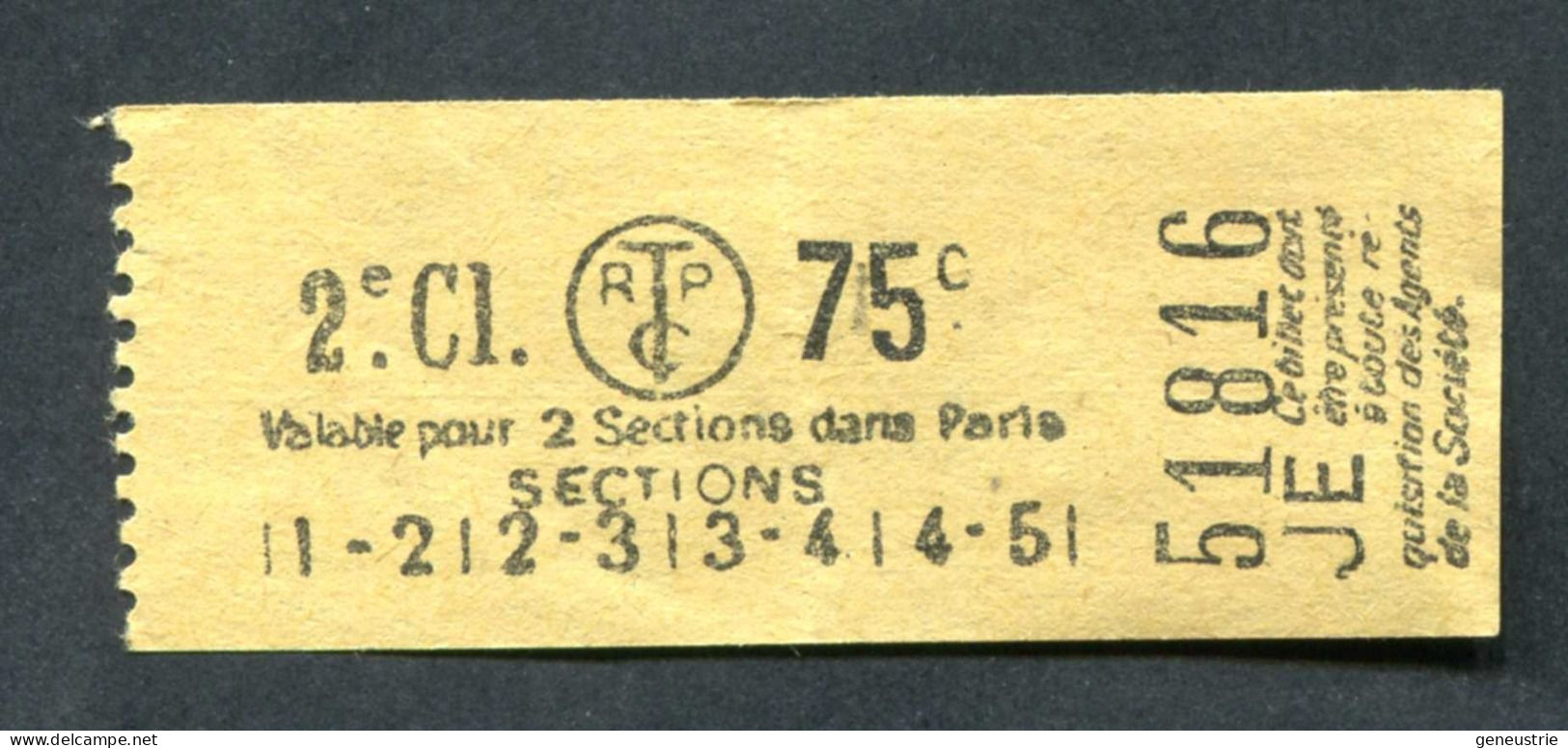 Ticket De Tramways Parisiens 1921 à 1938 (STCRP) 2e Classe 75c - Paris" Tramway - Tram - Europa