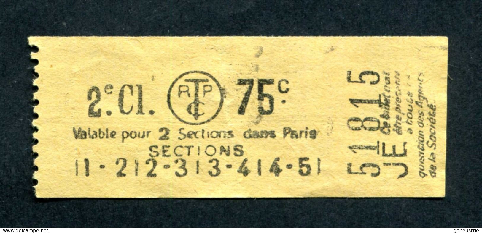 Ticket De Tramways Parisiens 1921 à 1938 (STCRP) 2e Classe 75c - Paris" Tramway - Tram - Europe