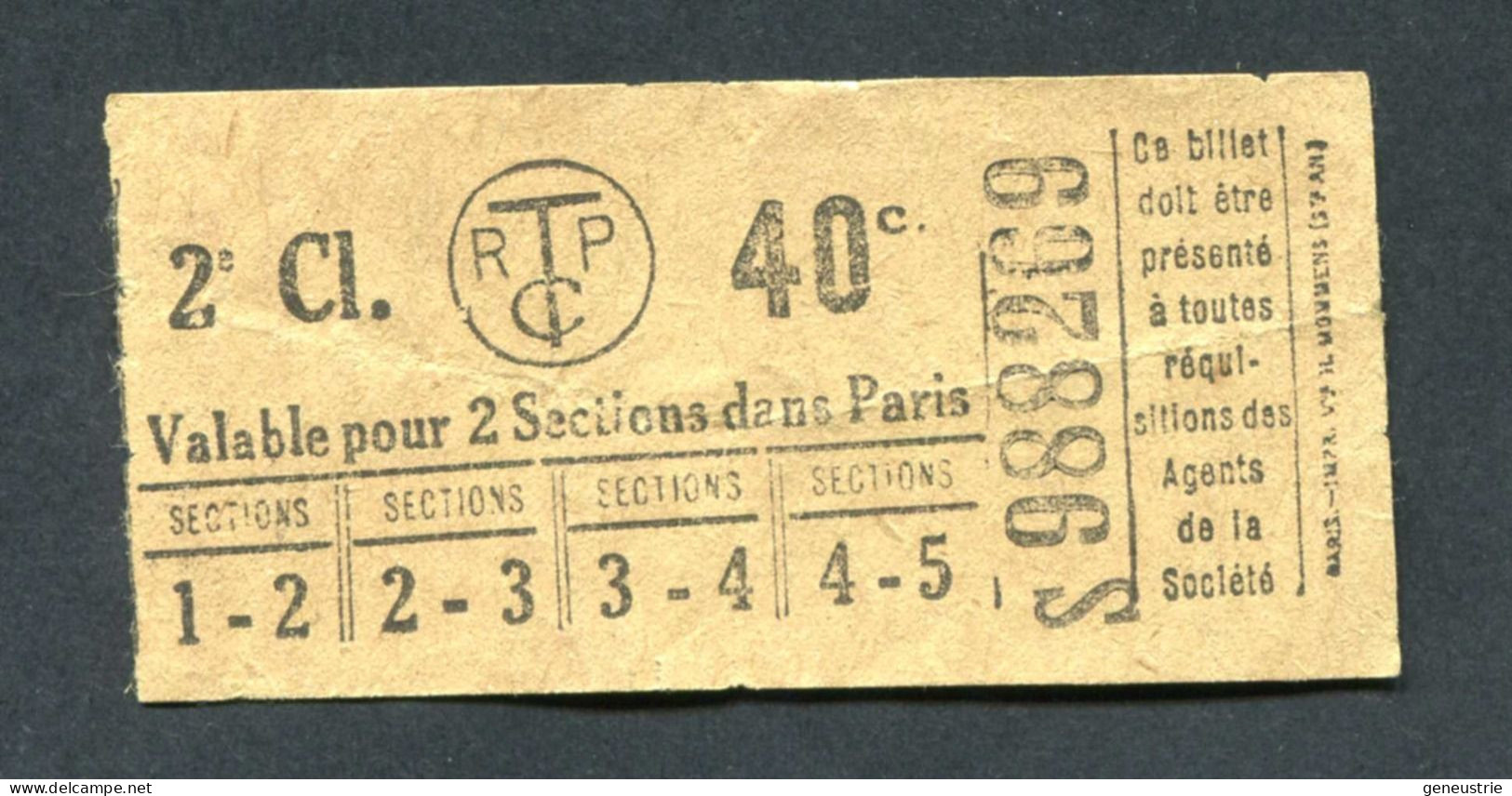 Ticket De Tramways Parisiens 1921 à 1938 (STCRP) Extra-Muros 2e Classe 40c - Paris" Tramway - Tram - Europa