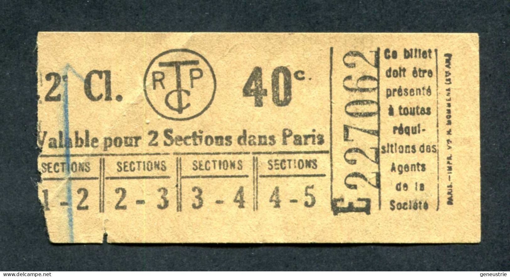 Ticket De Tramways Parisiens 1921 à 1938 (STCRP) Extra-Muros 2e Classe 40c - Paris" Tramway - Tram - Europa