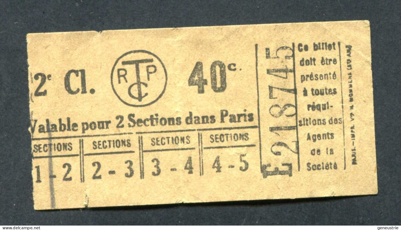 Ticket De Tramways Parisiens 1921 à 1938 (STCRP) Extra-Muros 2e Classe 40c - Paris" Tramway - Tram - Europe