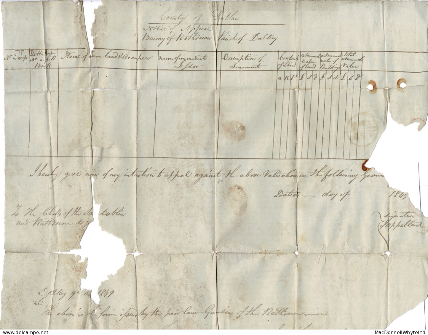 Ireland Dublin Dalkey Tenements 1849 Damaged Lettersheet With Blue DALKEY, Form Of Appeal Value Of Tenements - Préphilatélie