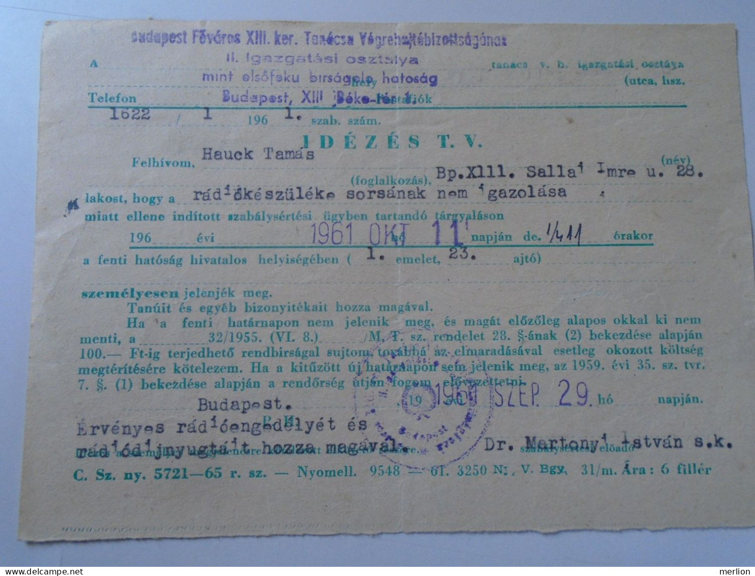 D199206  Hungary   Subpoena  1961 -   Unverified Radio    Budapest - Covers & Documents