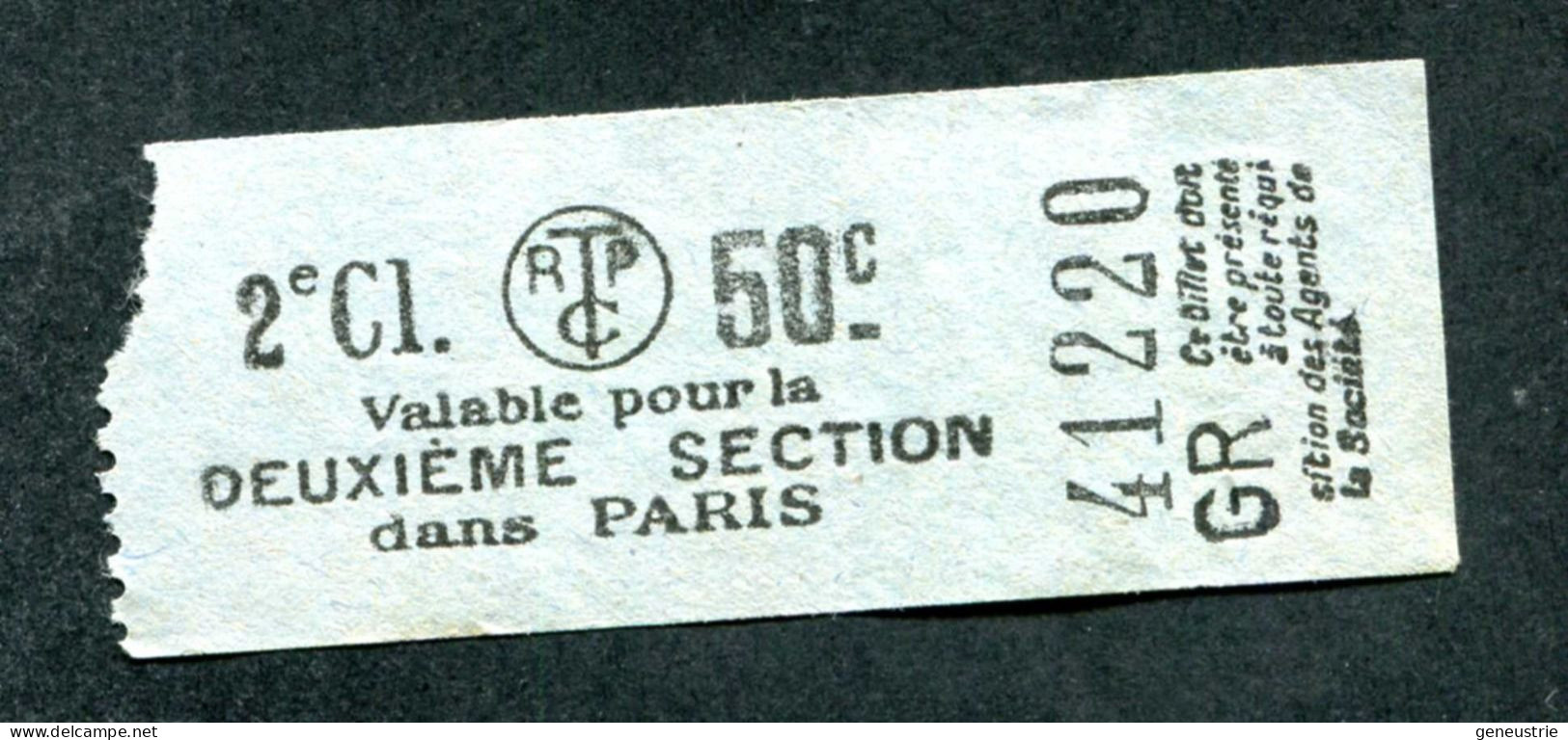 Ticket De Tramways Parisiens 1921 à 1938 (STCRP) 2e Classe 50c - Paris" Tramway - Tram - Europe