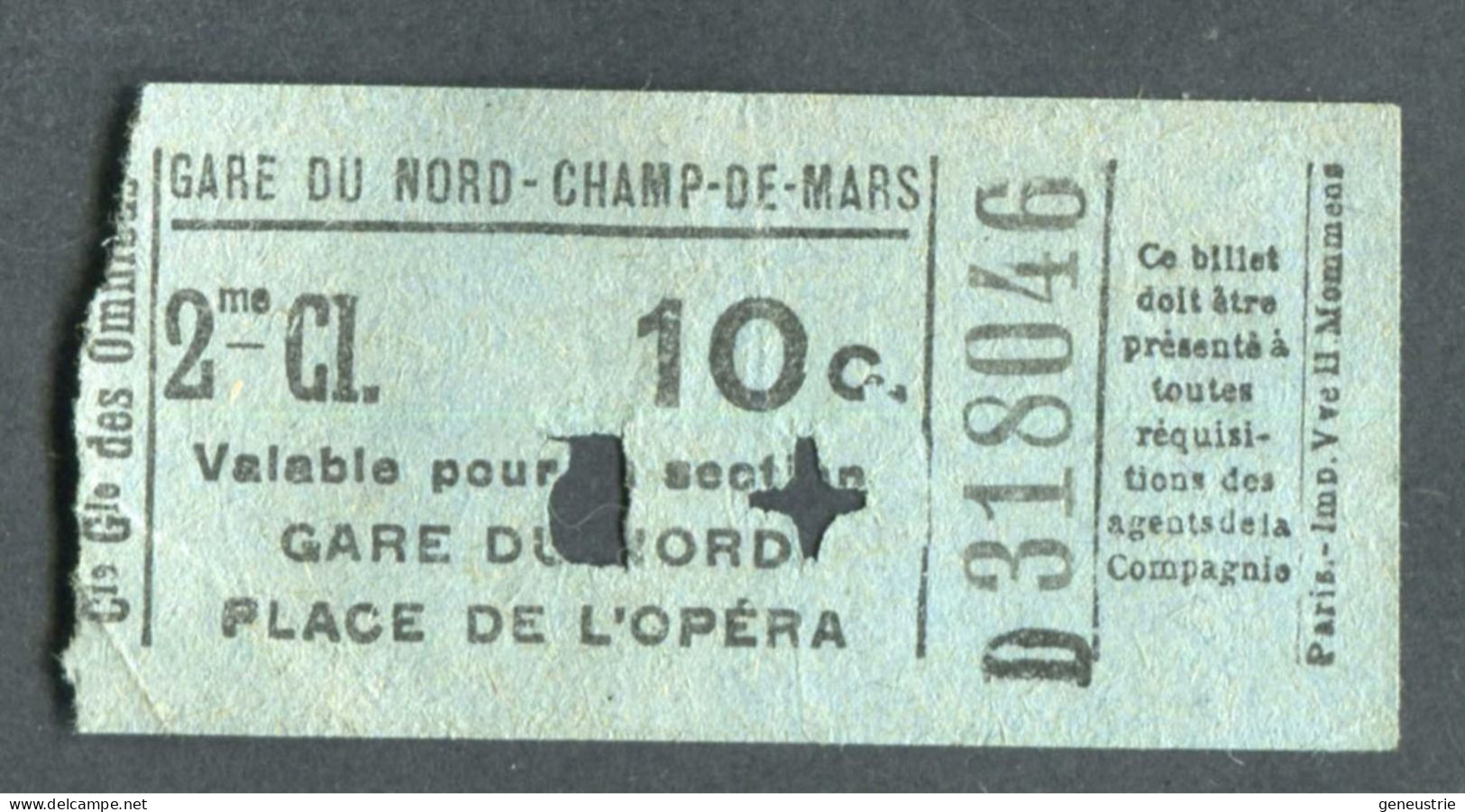 Ticket De Tramways Parisiens (avant 1921) Compagnie Générale Des Omnibus (CGO) 2e Cl 10c + 5c / Paris" Tramway - Tram - Europe