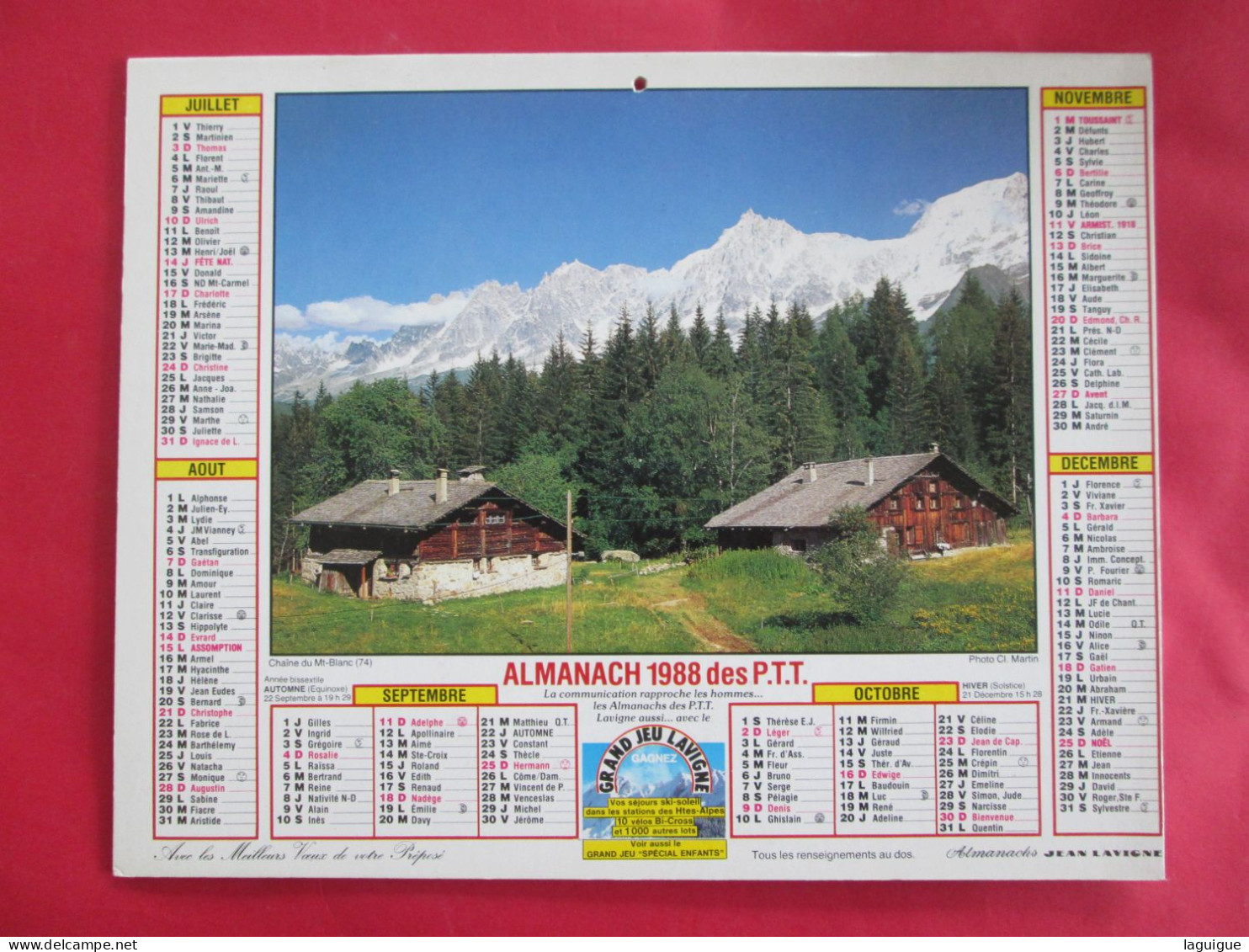 CALENDRIER ALMANACH 1988 LAVIGNE CHAINE DU MONT BLANC ENVIRON DE BERNE - Tamaño Grande : 1981-90