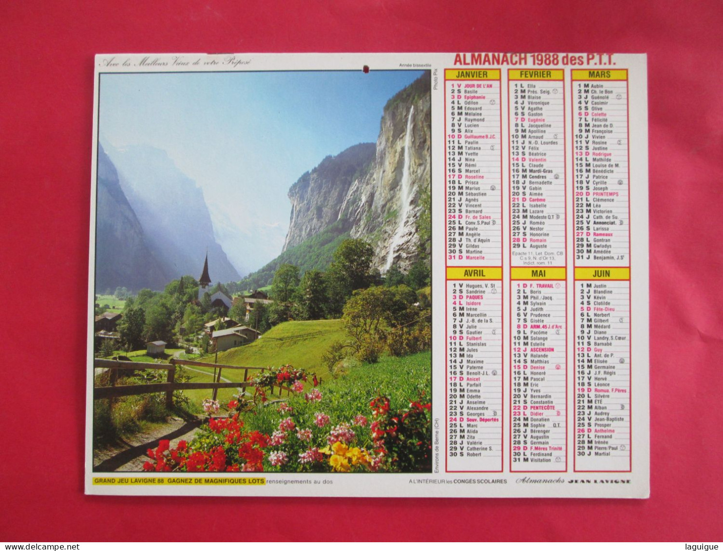 CALENDRIER ALMANACH 1988 LAVIGNE CHAINE DU MONT BLANC ENVIRON DE BERNE - Tamaño Grande : 1981-90