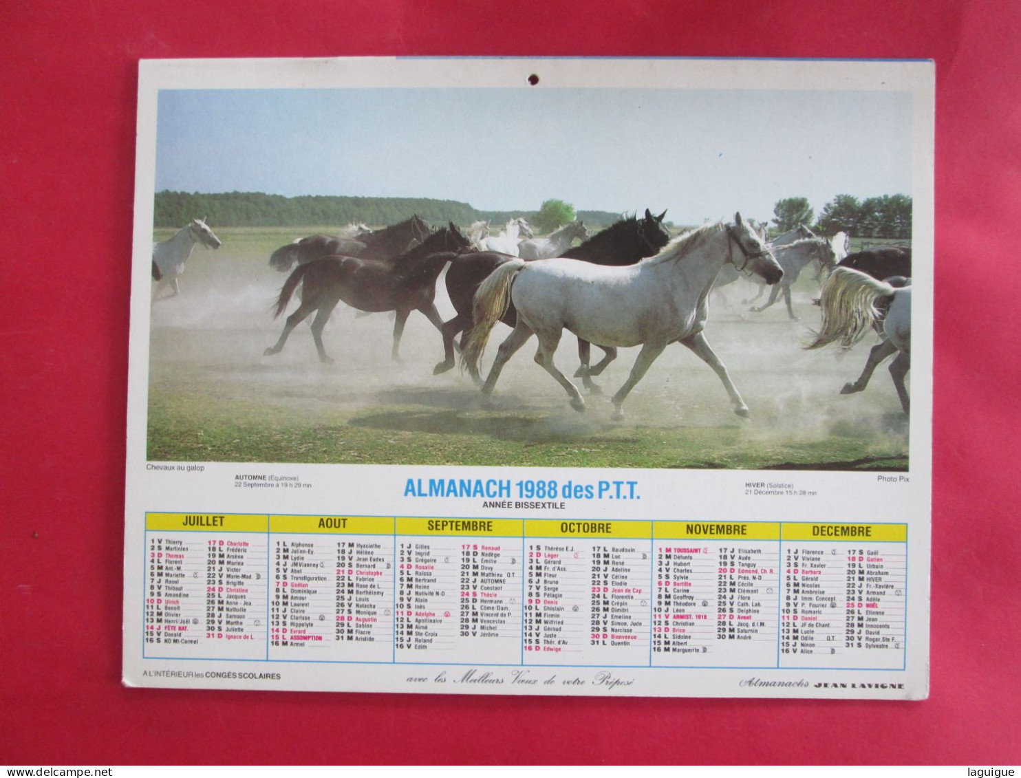 CALENDRIER ALMANACH 1988 LAVIGNE CHEVAUX AU GALOP CALLIAN EN PROVENCE - Tamaño Grande : 1981-90