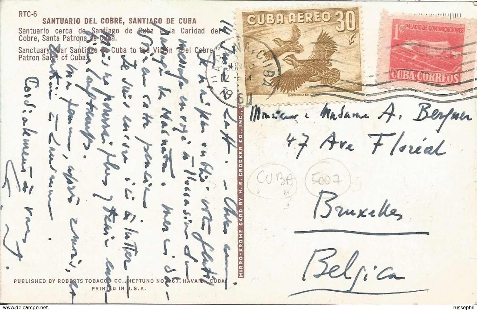 CUBA - FRANKED PC (VIEW OF SANTIAGO) SENT TO BELGIUM  -  GOOD FRANKING 1960 - Covers & Documents