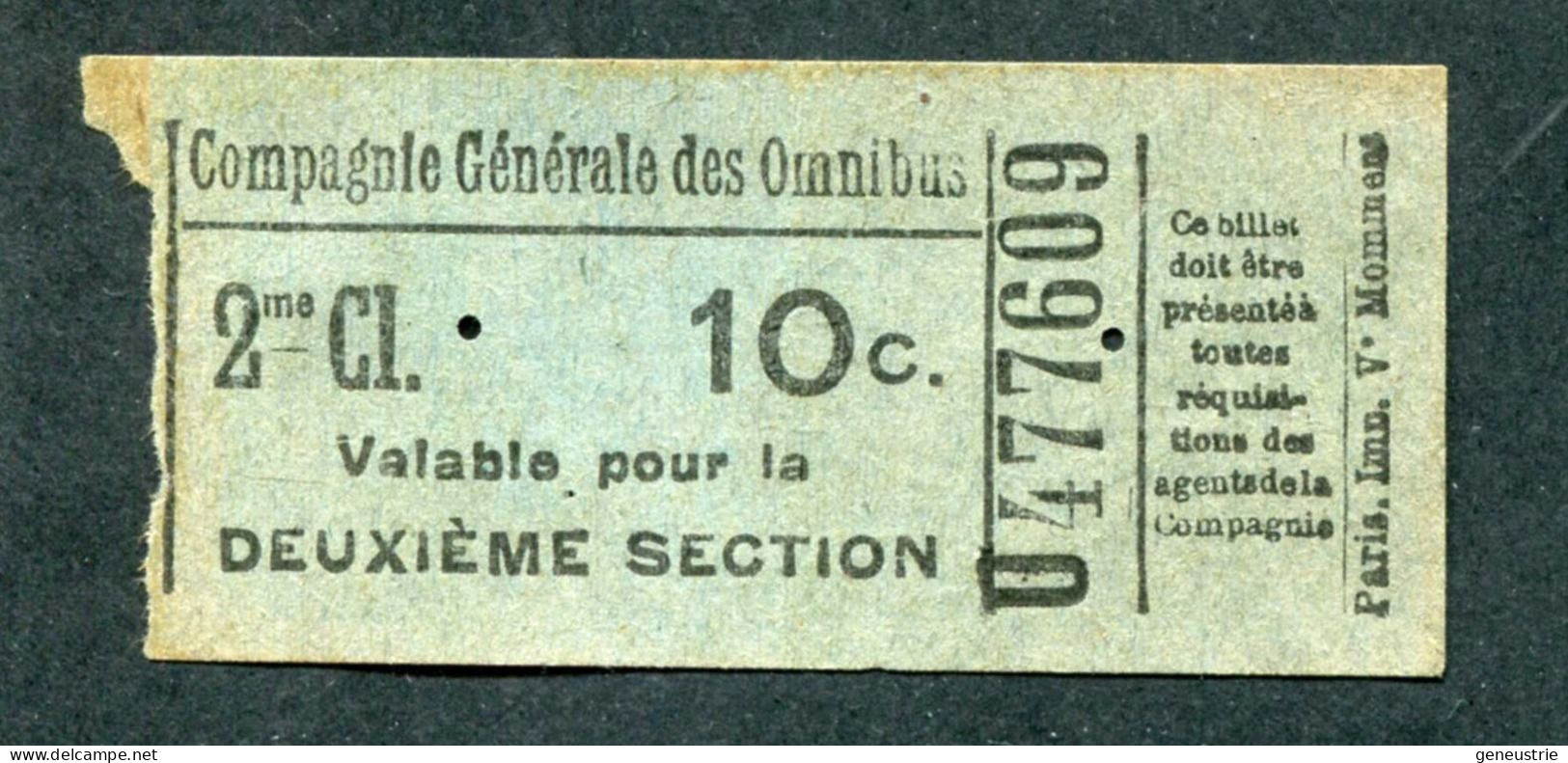 Ticket De Tramways Parisiens (avant 1921) Compagnie Générale Des Omnibus (CGO) 2e Classe 10c - Paris" Tramway - Tram - Europa