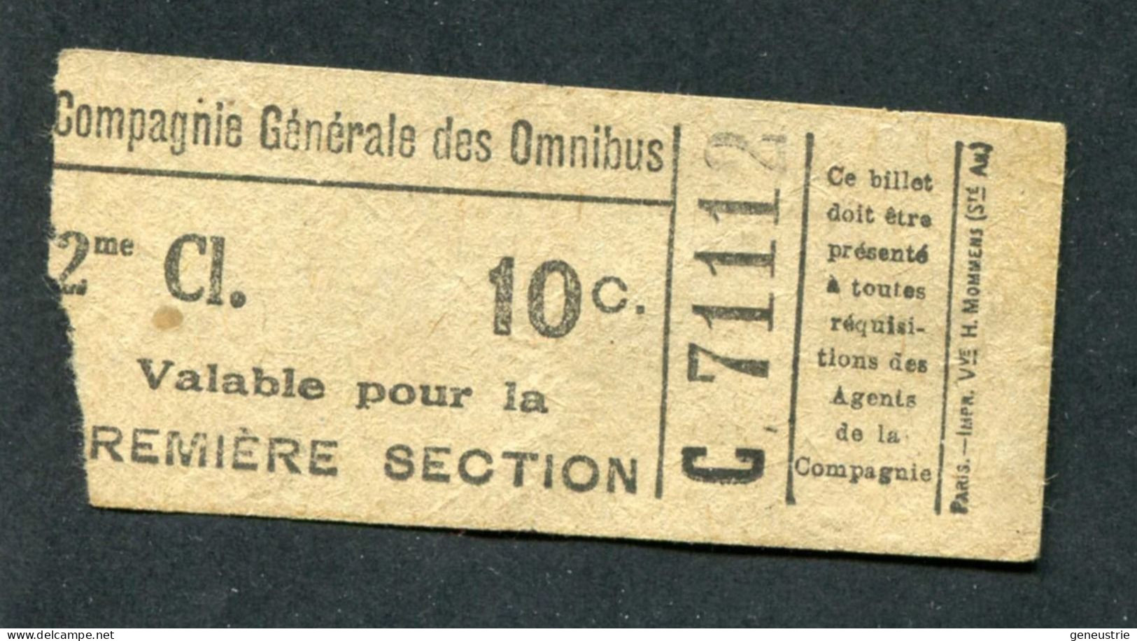 Ticket De Tramways Parisiens (avant 1921) Compagnie Générale Des Omnibus (CGO) 2e Classe 10c - Paris" Tramway - Tram - Europa