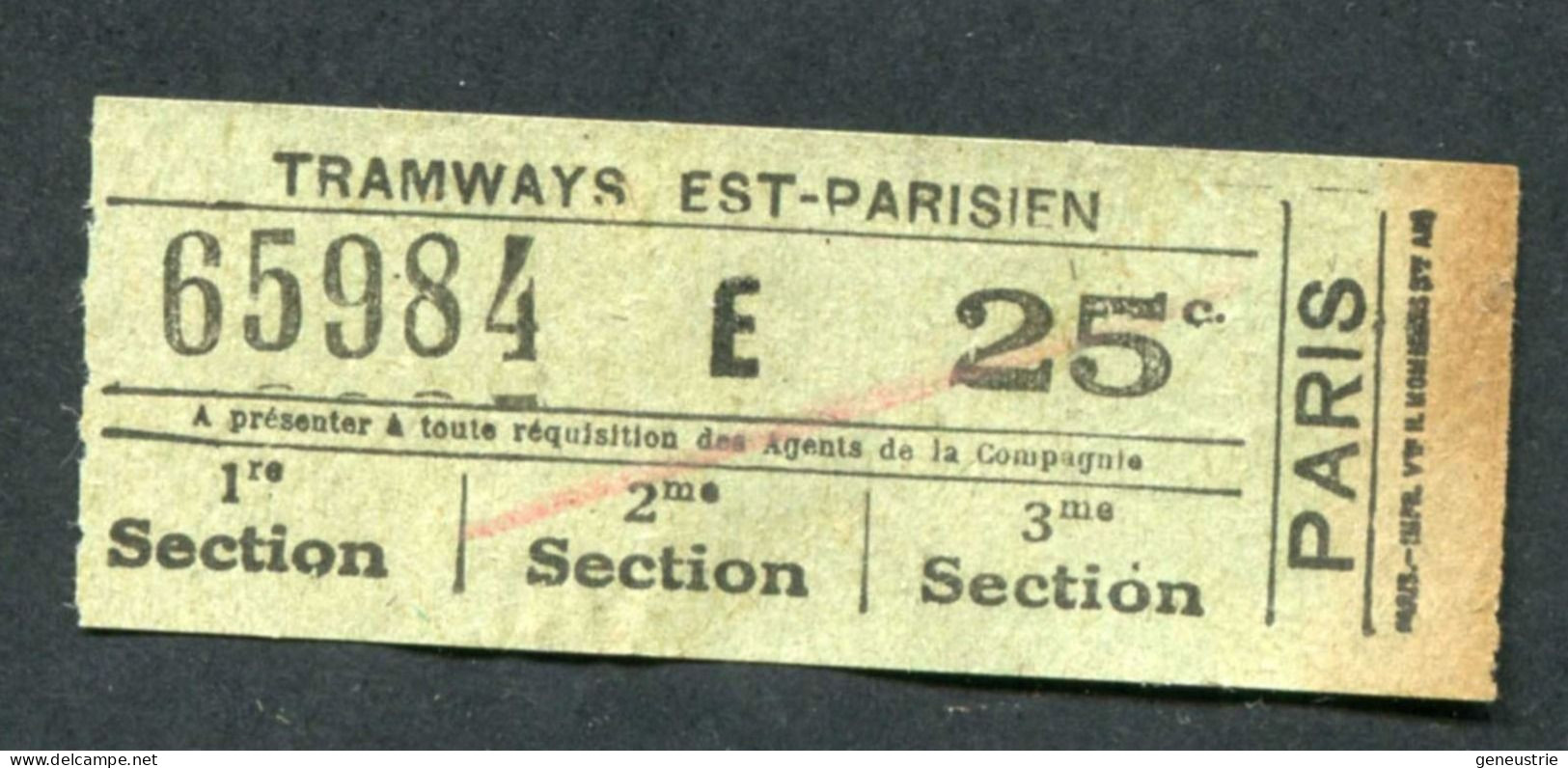 Ticket De Tramways Parisiens 1900 à 1921 (Tramways Est Parisien) 2e Classe 50c - Paris" Chemin De Fer - Tramway - Tram - Europe