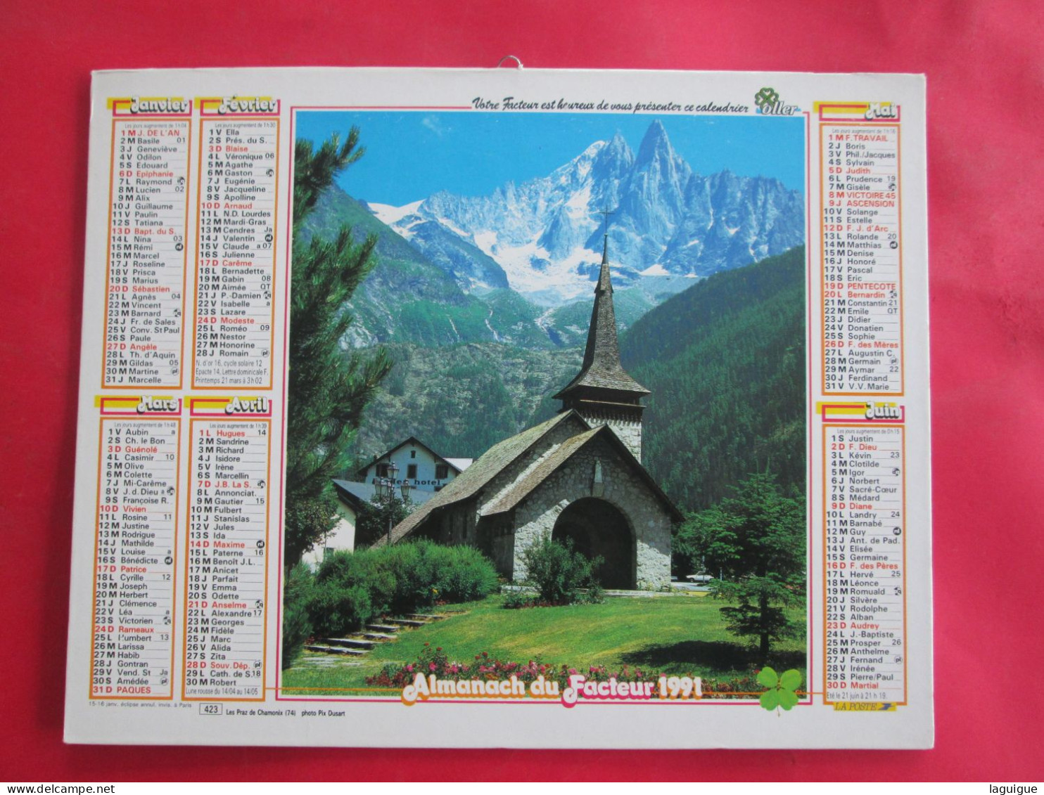 CALENDRIER ALMANACH 1991 OLLER LES PRAZ DE CHAMONIX 74 EVISA 20 - Grand Format : 1981-90