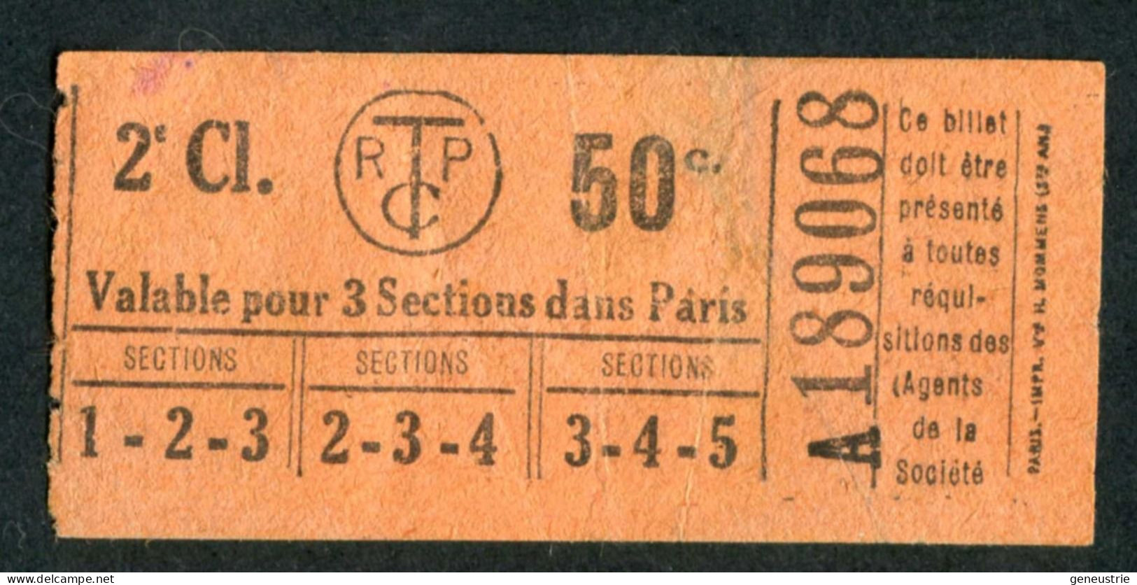 Ticket De Tramways Parisiens 1921 à 1938 (STCRP) 2e Classe 50c - Paris" Chemin De Fer - Tramway - Tram - Europe