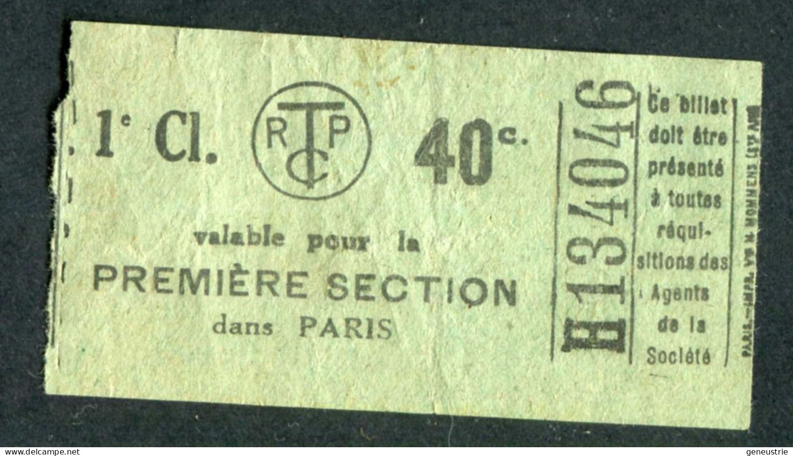 Ticket De Tramways Parisiens 1921 à 1938 (STCRP) 1e Classe 40c - Paris" Chemin De Fer - Tramway - Tram - Europa