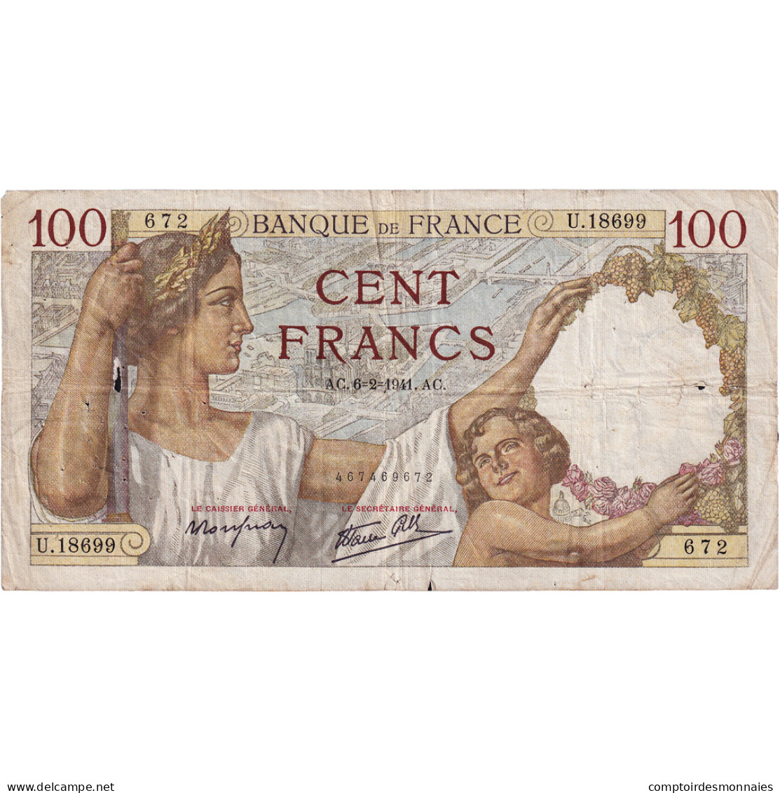 France, 100 Francs, Sully, 1941, U.18699, TB+, Fayette:26.46, KM:94 - 100 F 1939-1942 ''Sully''