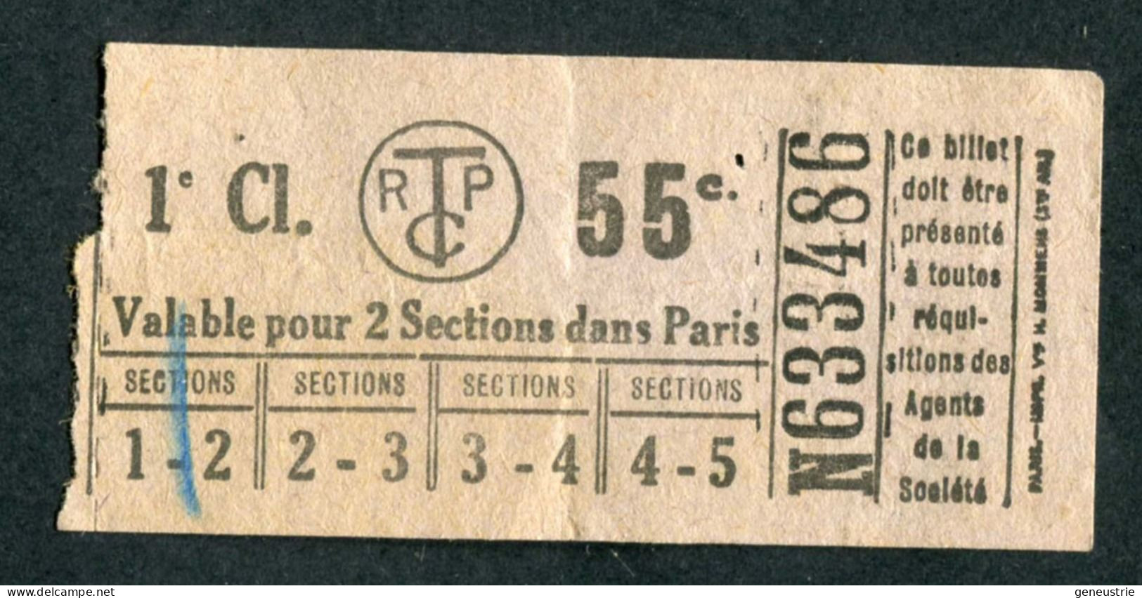 Ticket De Tramways Parisiens 1921 à 1938 (STCRP) 1e Classe 55c - Paris" Tramway - Tram - Europe