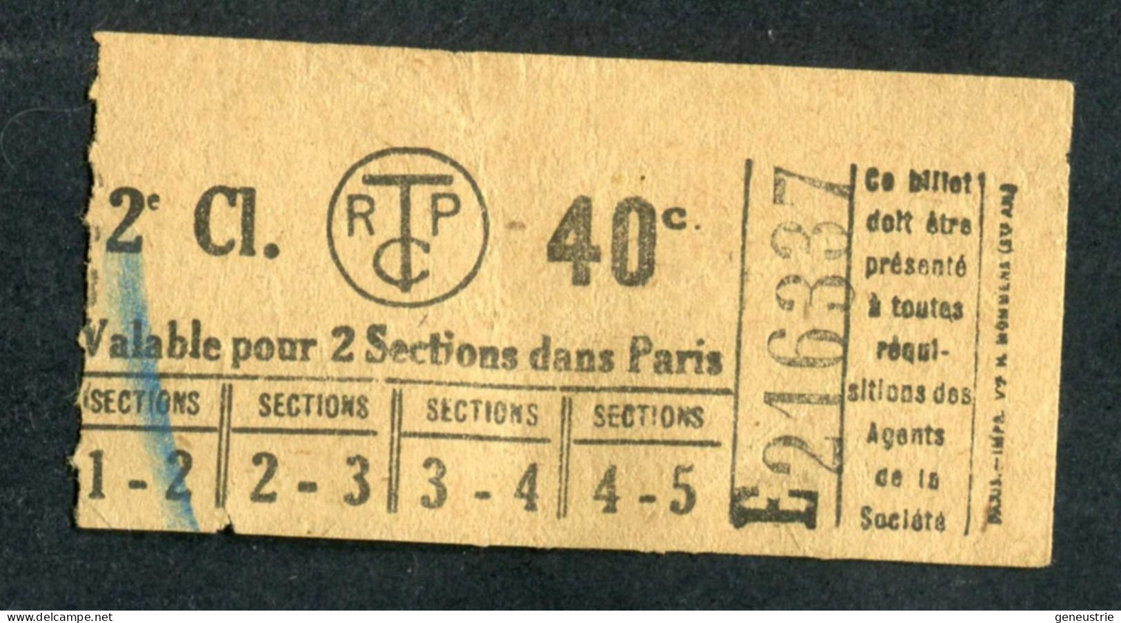 Ticket De Tramways Parisiens 1921 à 1938 (STCRP) 2e Classe 40c - Paris" Tramway - Tram - Europa