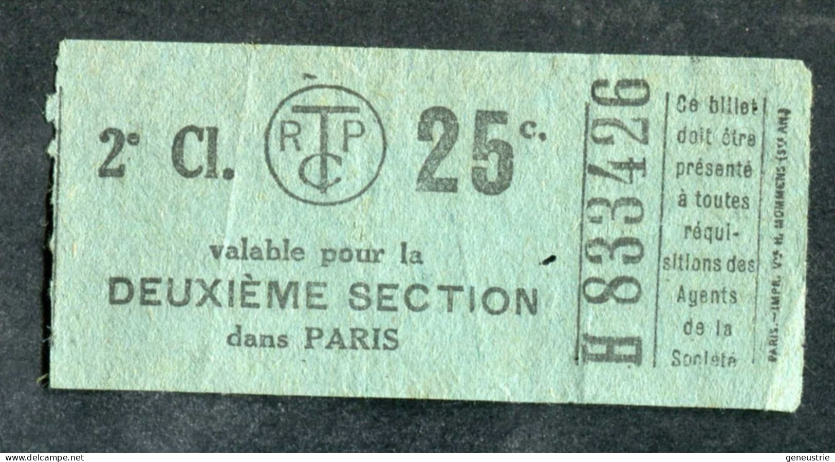 Ticket De Tramways Parisiens 1921 à 1938 (STCRP) 2e Classe 25c - Paris" Tramway - Tram - Europe