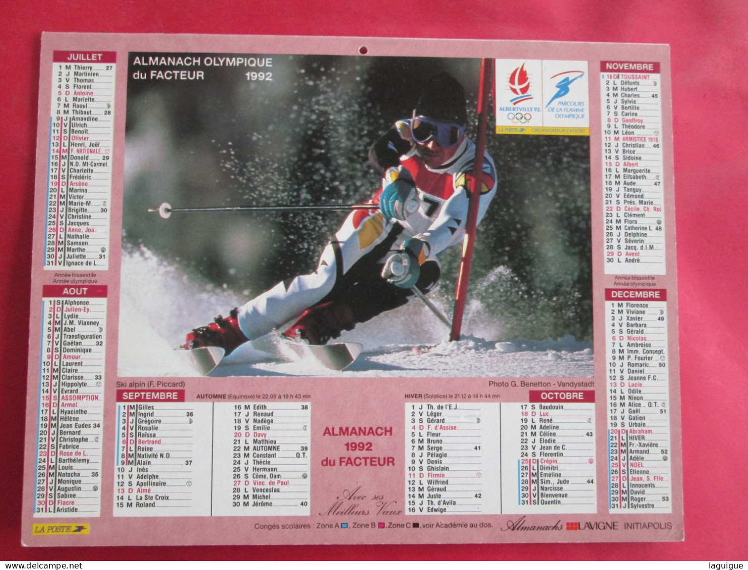 CALENDRIER ALMANACH 1992 LAVIGNE SKI ALPIN 1992 ALBERTVILLE F.PICARD PATINAGE ARTISTIQUE I.ETP. DUCHESNAY - Grand Format : 1981-90