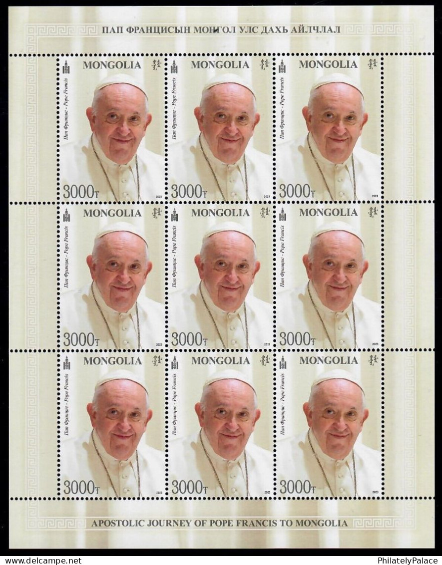 Mongolia 2023 Pope Francis Visit To Mongolia,Catholic Church,Vatican City,Bishop,Jesus,Christianity, 9v Sheet MNH (**) - Mongolie