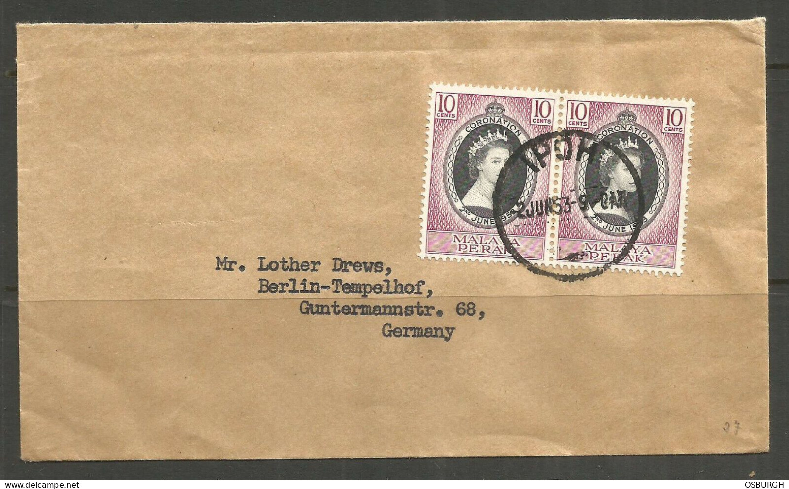 MALAYA / PERAK. 1953. FIRST DAY COVER. IPOH POSTMARK. ADDRESSED TO GERMANY. - Perak