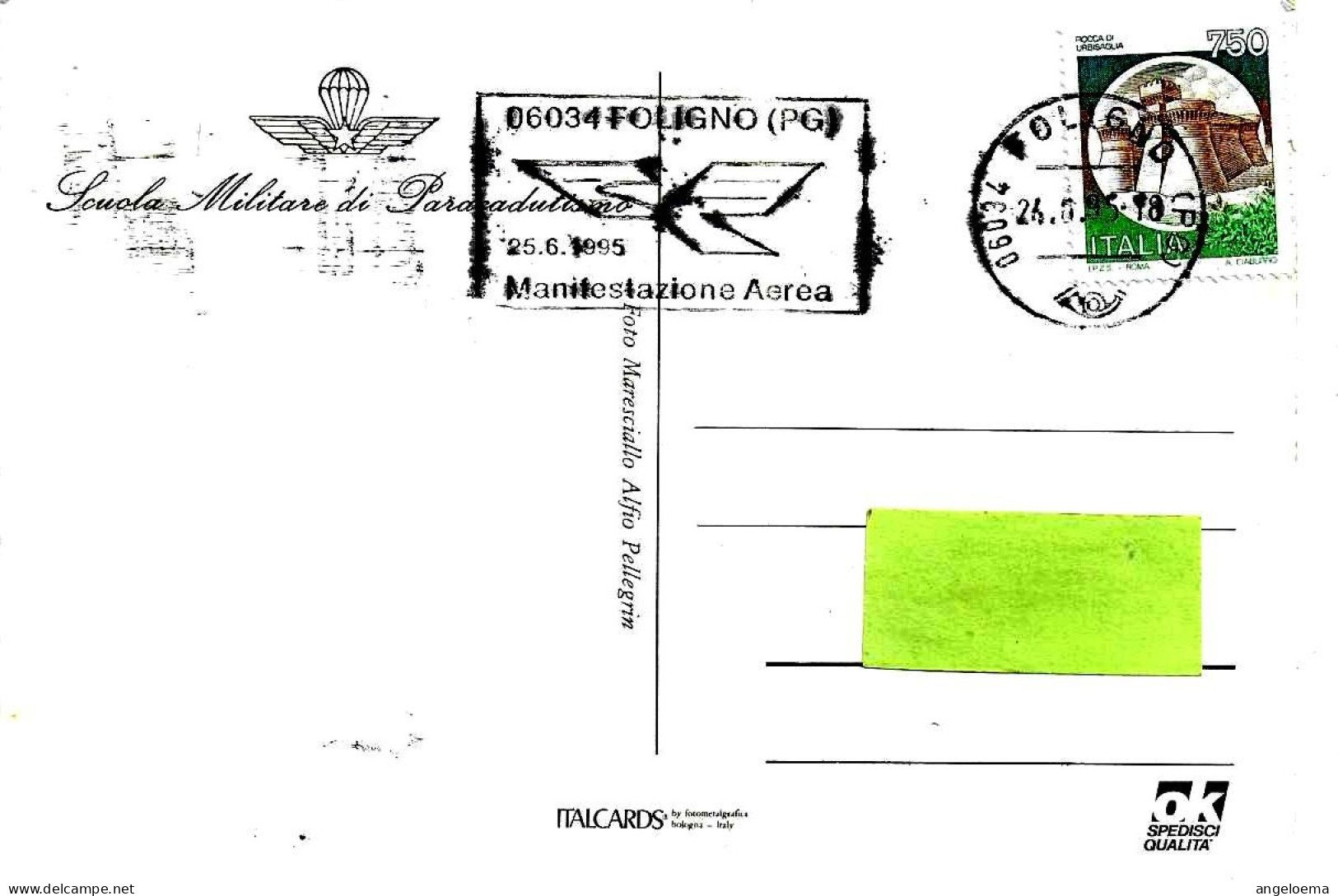 ITALIA ITALY -1995 FOLIGNO (PG) 14^ Manifestazione Aerea Targhetta Su Cartolina Scuola Militare Paracadutismo - 8430 - Paracadutismo