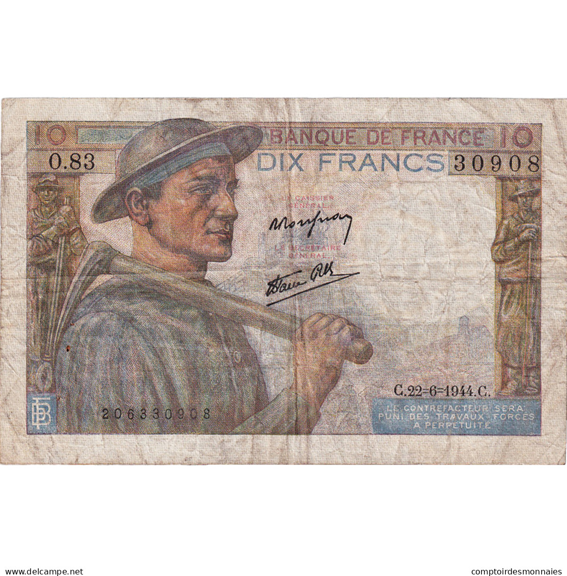 France, 10 Francs, Mineur, 1944, O.83, TB+, Fayette:8.12, KM:99e - 10 F 1941-1949 ''Mineur''
