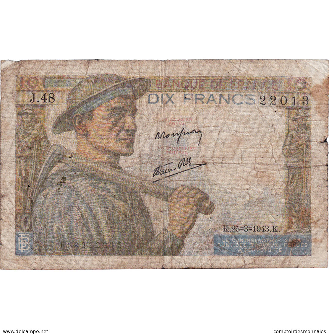 France, 10 Francs, Mineur, 1943, J.48, B, Fayette:8.8, KM:99e - 10 F 1941-1949 ''Mineur''