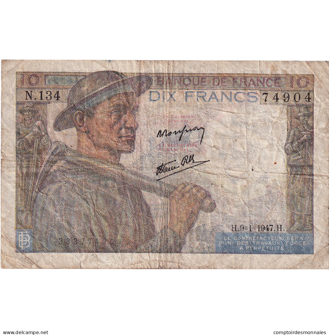 France, 10 Francs, Mineur, 1947, N.134, TB+, Fayette:8.17, KM:99e - 10 F 1941-1949 ''Mineur''