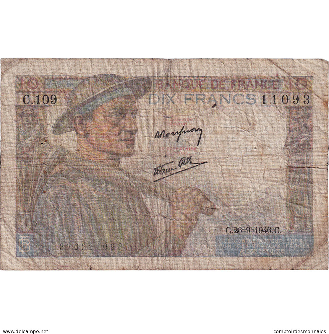 France, 10 Francs, Mineur, 1946, C.109, TB+, Fayette:8.15, KM:99e - 10 F 1941-1949 ''Mineur''