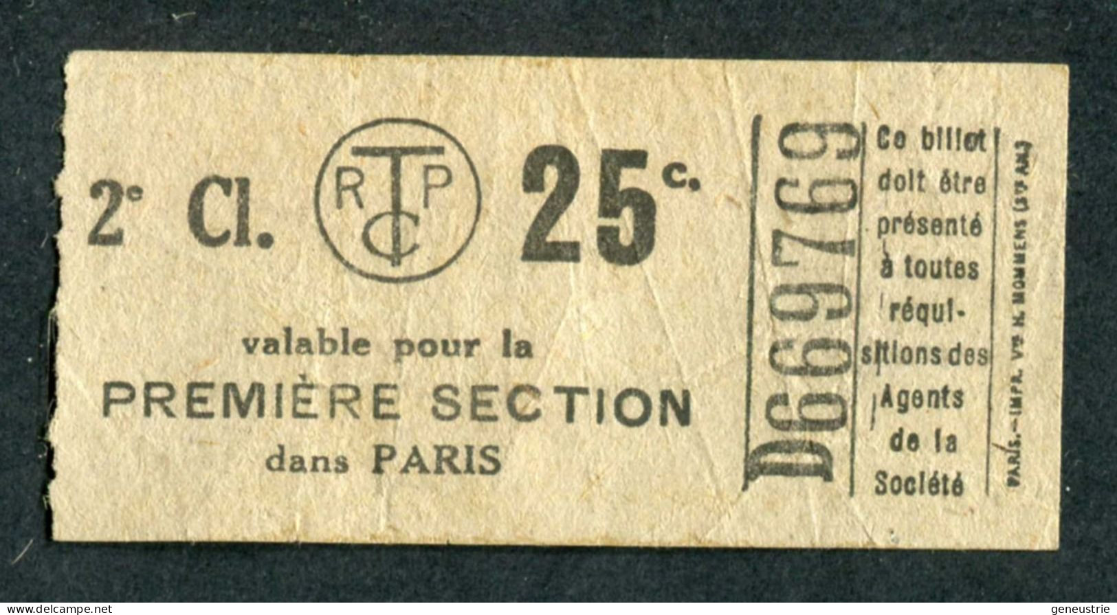 Ticket De Tramways Parisiens 1921 à 1938 (STCRP) 2e Classe 25c - Paris" Tramway - Tram - Europa