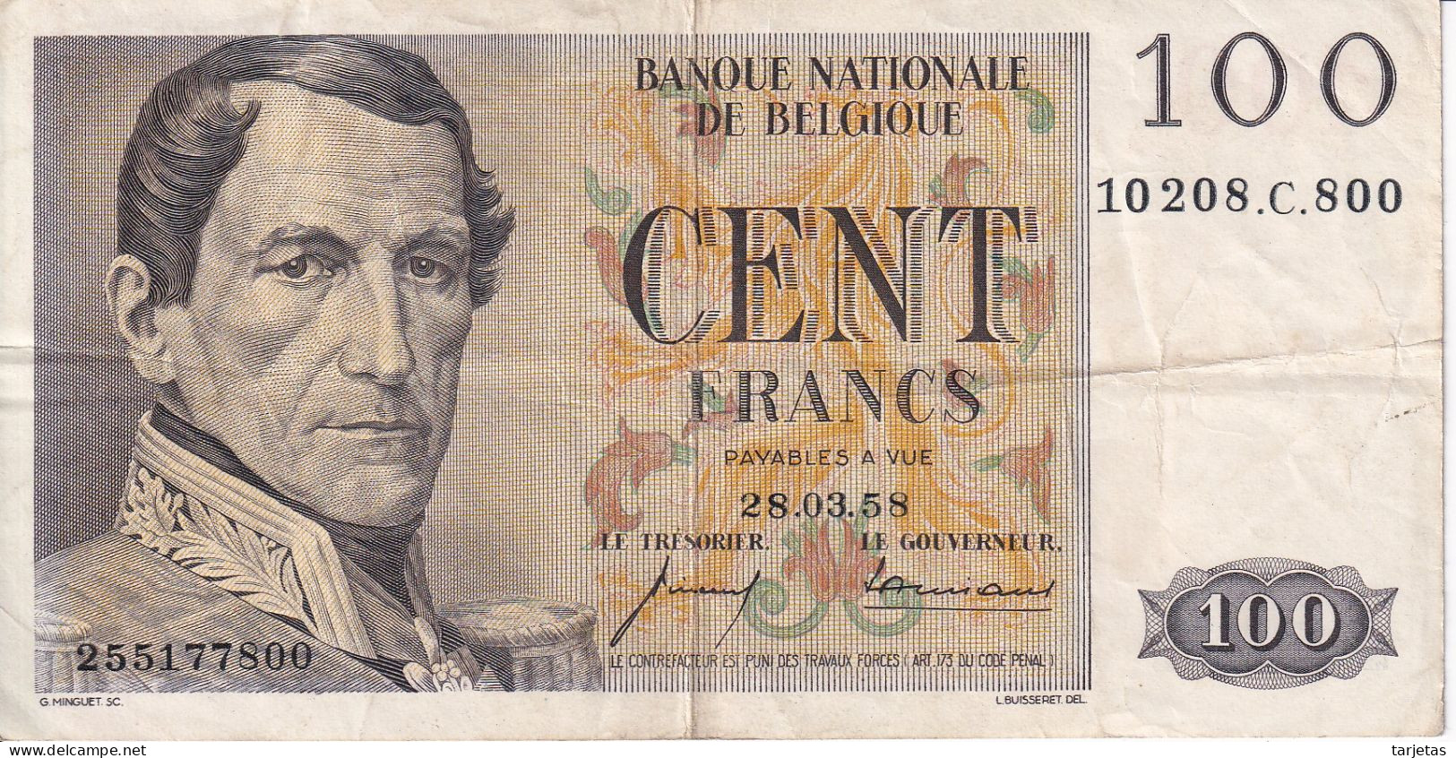 BILLETE DE BELGICA DE 100 FRANCS DEL AÑO 1958  (BANK NOTE) - 100 Francs