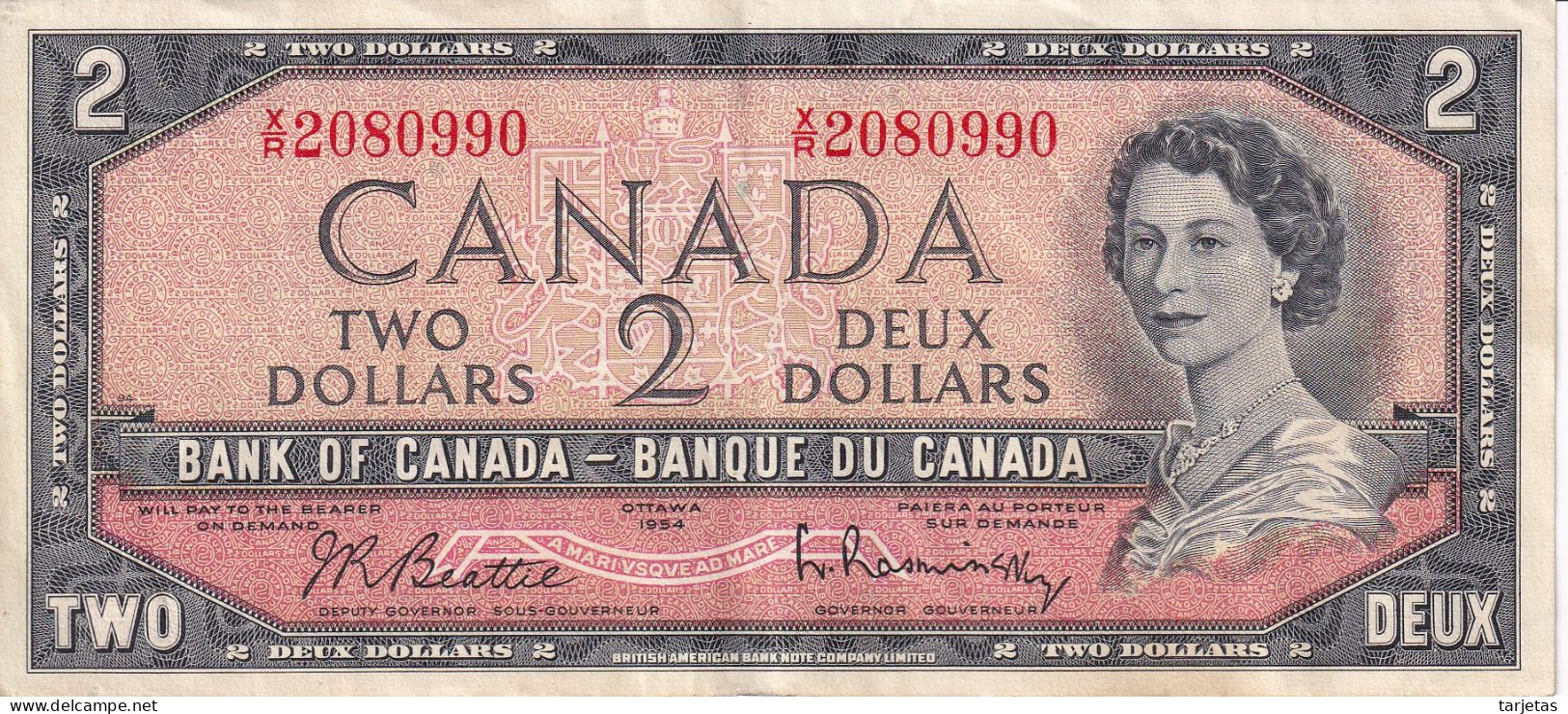 BILLETE DE CANADA DE 2 DOLLARS DEL AÑO 1954 EN CALIDAD EBC (XF) (BANKNOTE) - Canada