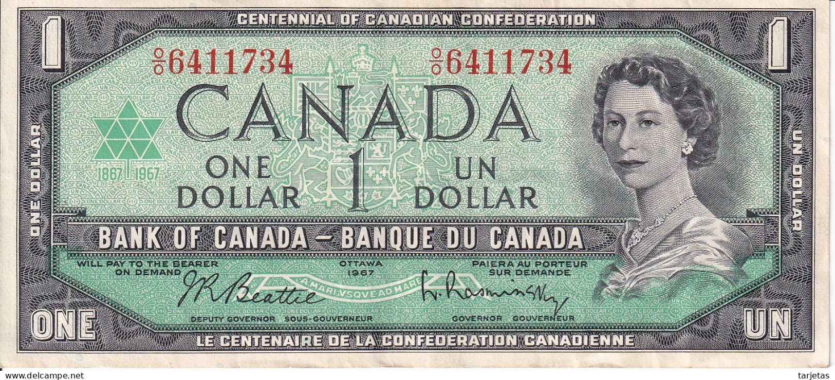 BILLETE DE CANADA DE 1 DOLLAR DEL AÑO 1967 EN CALIDAD EBC (XF) (BANKNOTE) - Kanada