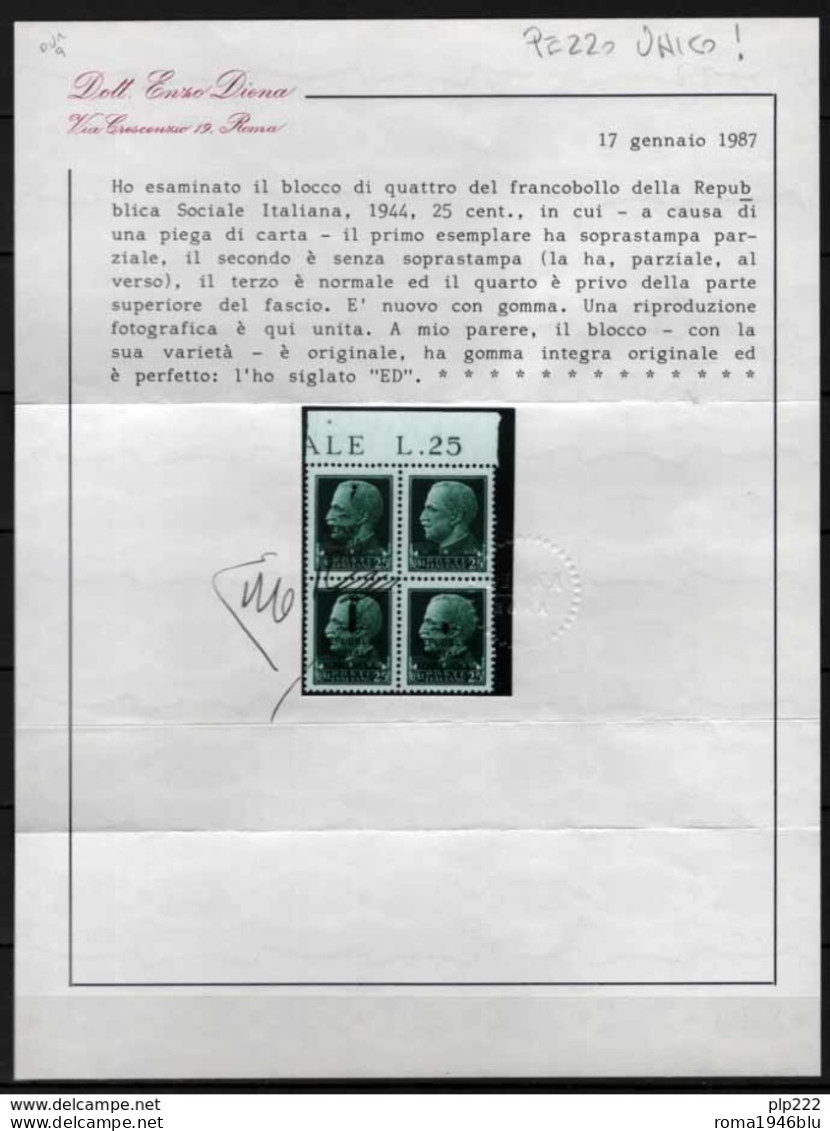 Italia  Repubblica Sociale 1944 25c. Quartina Con VarietÃ  Inedita (Sass.491) **/MNH VF - Cert.Enzo Diena - Ongebruikt