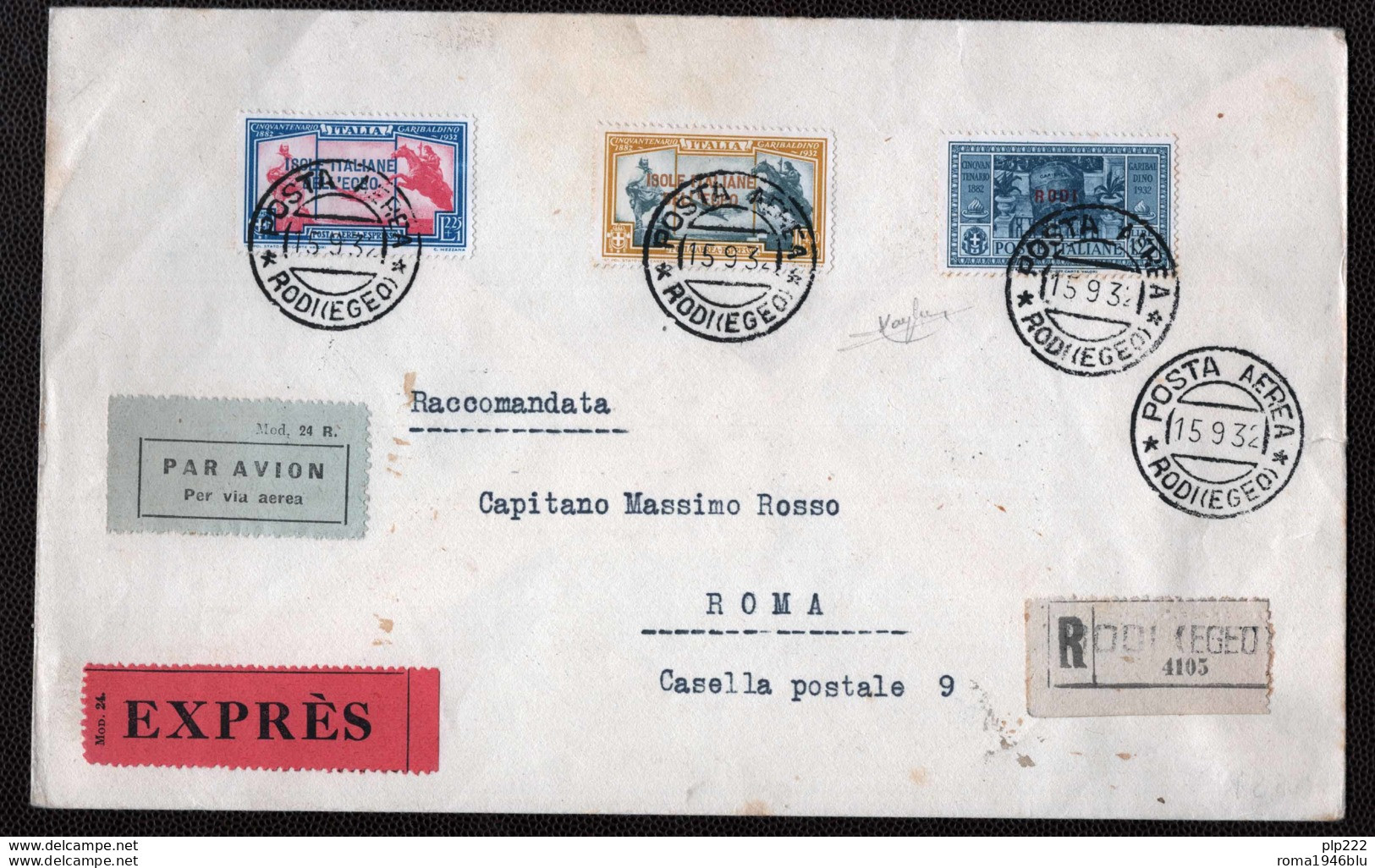 Egeo 1932 Posta Aerea Rodi (27)+ Egeo (A19/20) Su Aerogramma Da Rodi 15/09/32 (primo Giorno) A Roma VF - Egée