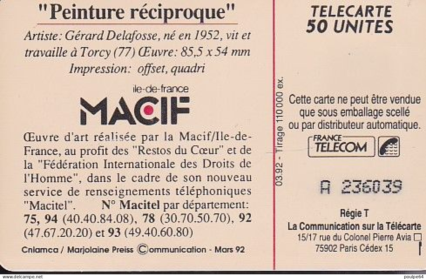 F262 - 03/1992 - MACIF 2 " Peinture Réciproque " - 50 SO3 - 1992