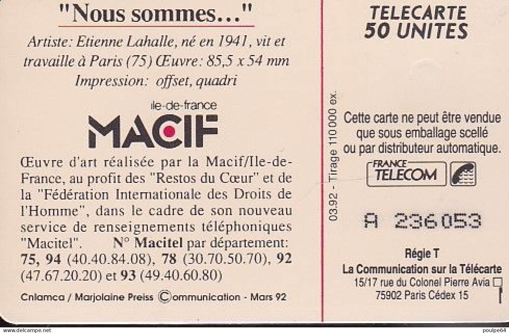 F263 - 03/1992 - MACIF 3 " Nous Sommes " - 50 SO3 - 1992